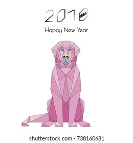 Christmas card in a geometric style. Year of the dog. Stylized half-tagon model of the Golden Retriever. Illustrations in pink. Origami. Low poly illustration