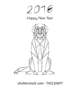 Christmas card in a geometric style. Year of the dog. Stylized geometric model of a polygonal dog. Illustrations with black lines. Origami. Low poly illustration