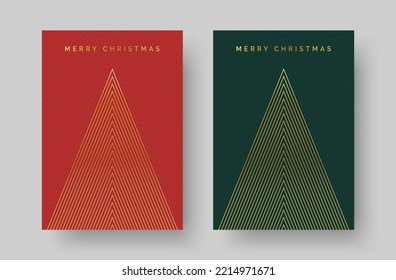 Christmas Card with Geometric Christmas Tree Design. Set of Festive Greeting Card Design Template with Elegant Christmas Tree Illustration and 'Merry Christmas' Golden Text