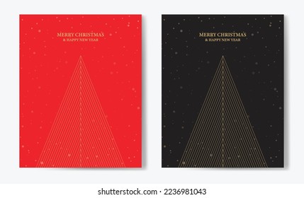 Christmas Card with Geometric Christmas Tree Design. Set of Festive Greeting Card Design Template with Elegant Christmas Tree Illustration and 'Merry Christmas' Golden Text.