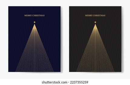 Christmas Card with Geometric Christmas Tree Design. Set of Festive Greeting Card Design Template with Elegant Christmas Tree Illustration and 'Merry Christmas' Golden Text.