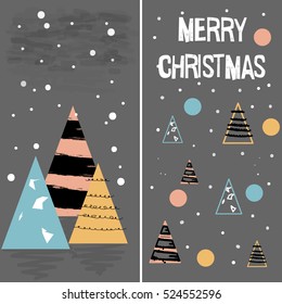 Christmas Card. Geometrical elements. Triangular trees with colorful dots. Modern stylish texture. Geometrical elements. Hand-drawn triangular trees with colorful dots and circles.Vector