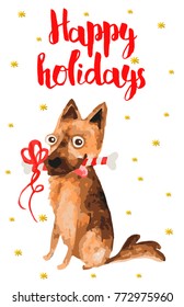 Christmas card with german shepherd which gnaws the bone and text happy holiday on the white background