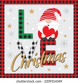 Christmas card, gift bag 0r box design with christmas gnome, love text and tartan background