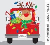Christmas card, gift bag or box design with reindeer, presents and lights on the car
