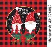 Christmas card, gift bag or box design with cute gnomes and buffalo plaid