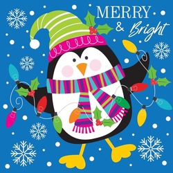 Christmas Card, Gift Bag Or Box Design With Cute Penguin And Lights