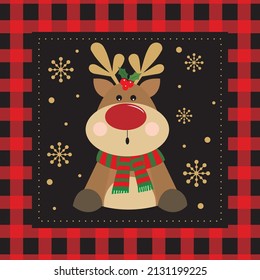 Christmas card, gift bag or box design with reeinder and buffalo plaid background