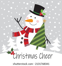 Christmas card, gift bag or box design with cute snowman and tree