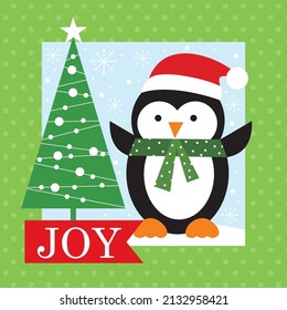 Christmas card, gift bag or box design with cute penguin and tree