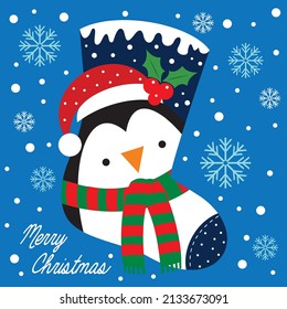 Christmas card, gift bag or box design with cute penguin in the stocking
