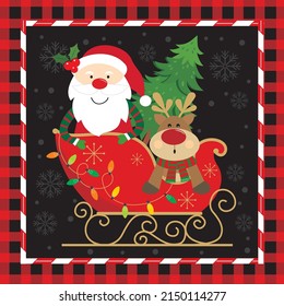 Christmas card, gift bag or box design with santa and reindeer on the sleigh