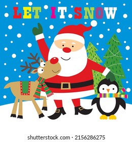 Christmas card, gift bag or box design with santa, reindeer and penguin