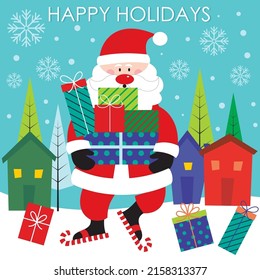 Christmas card, gift bag or box design with santa clause and gifts