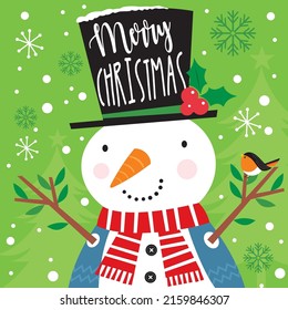 Christmas card, gift bag or box design with cute snowman