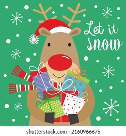 Christmas card, gift bag or box design with reindeer and gifts