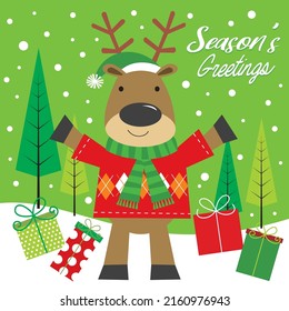 Christmas card, gift bag or box design with cute reindeer