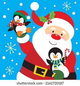 Christmas card, gift bag or box design with cute santa and penguins