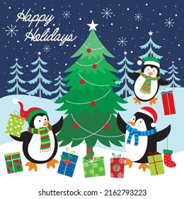 Christmas card, gift bag or box design with penguins and christmas tree