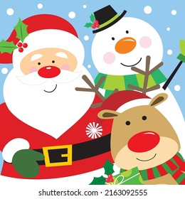 Christmas card, gift bag or box design with cute santa, snowman and reindeer