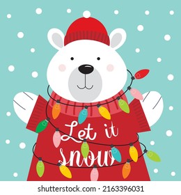 Christmas card, gift bag or box design with cute polar bear and lights