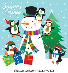 Christmas card, gift bag or box design with cute snowman and penguins