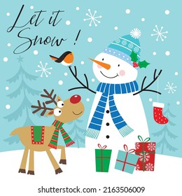 Christmas card, gift bag or box design with snowman and reindeer