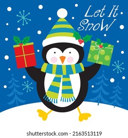 Christmas card, gift bag or box design with cute penguin