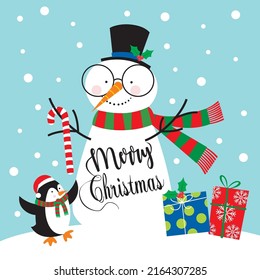 Christmas card, gift bag or box design with cute santa and penguin