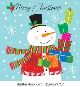 Christmas card, gift bag or box design with cute snowman and gifts