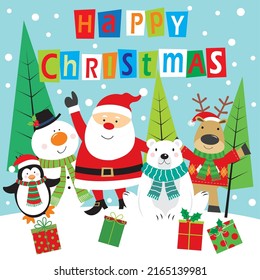 Christmas card, gift bag or box design with cute santa, snowman, penguin, bear and reindeer