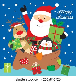 Christmas card, gift bag or box design with cute santa, penguin and reindeer