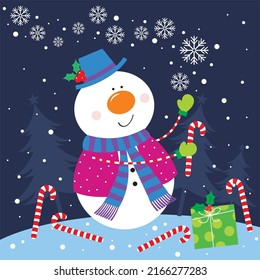 Christmas card, gift bag or box design with cute snowman and candy cane