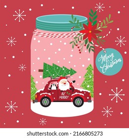 Christmas card, gift bag or box design with santa and car in the jar