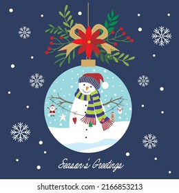 Christmas card, gift bag or box design with snowman in the christmas ball