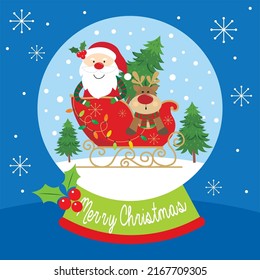 Christmas card, gift bag or box design with santa, reindeer and sleigh in the snow globe