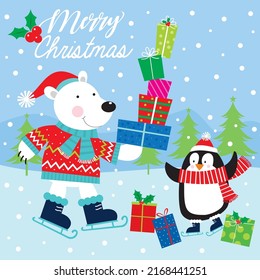 Christmas card, gift bag or box design with teddy bear and penguin