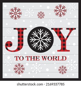 Christmas card, gift bag or box design with joy text and buffalo plaid