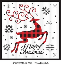 Christmas card, gift bag or box design with reindeer and buffalo plaid