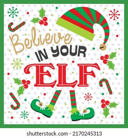 Christmas card, gift bag or box design with christmas elfish and lettering