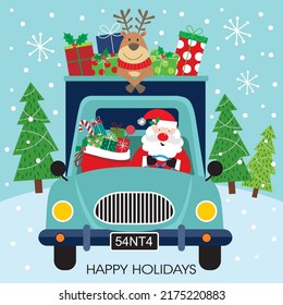 Christmas card, gift bag or box design with santa and reindeer in the car