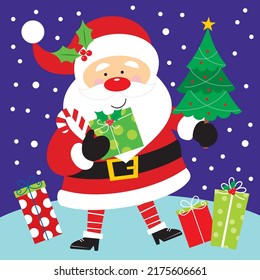 Christmas card, gift bag or box design with santa clause and tree