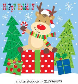 Christmas card, gift bag or box design with cute reindeer and presents