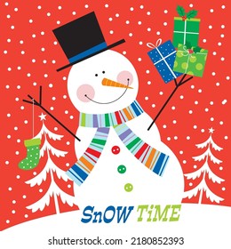 Christmas card, gift bag or box design with cute snowman