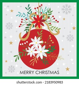 Christmas card, gift bag or box design with christmas bauble and wreath flower