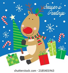 Christmas card, gift bag or box design with cute reindeer and tree