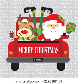 Christmas card, gift bag or box design with santa, elf and reindeer on the car