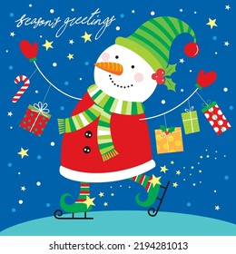 Christmas card, gift bag or box design with cute snowman and gifts