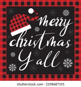 Christmas card, gift bag or box design with santa hat, lettering and buffalo plaid