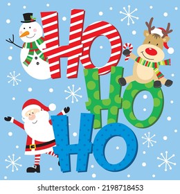 Christmas card, gift bag or box design with santa, snowman, reindeer and ho ho ho text